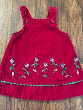Girls Burgundy Corduroy Dress With Purple Embroidered Tulips Size 2T 100% Cotton
